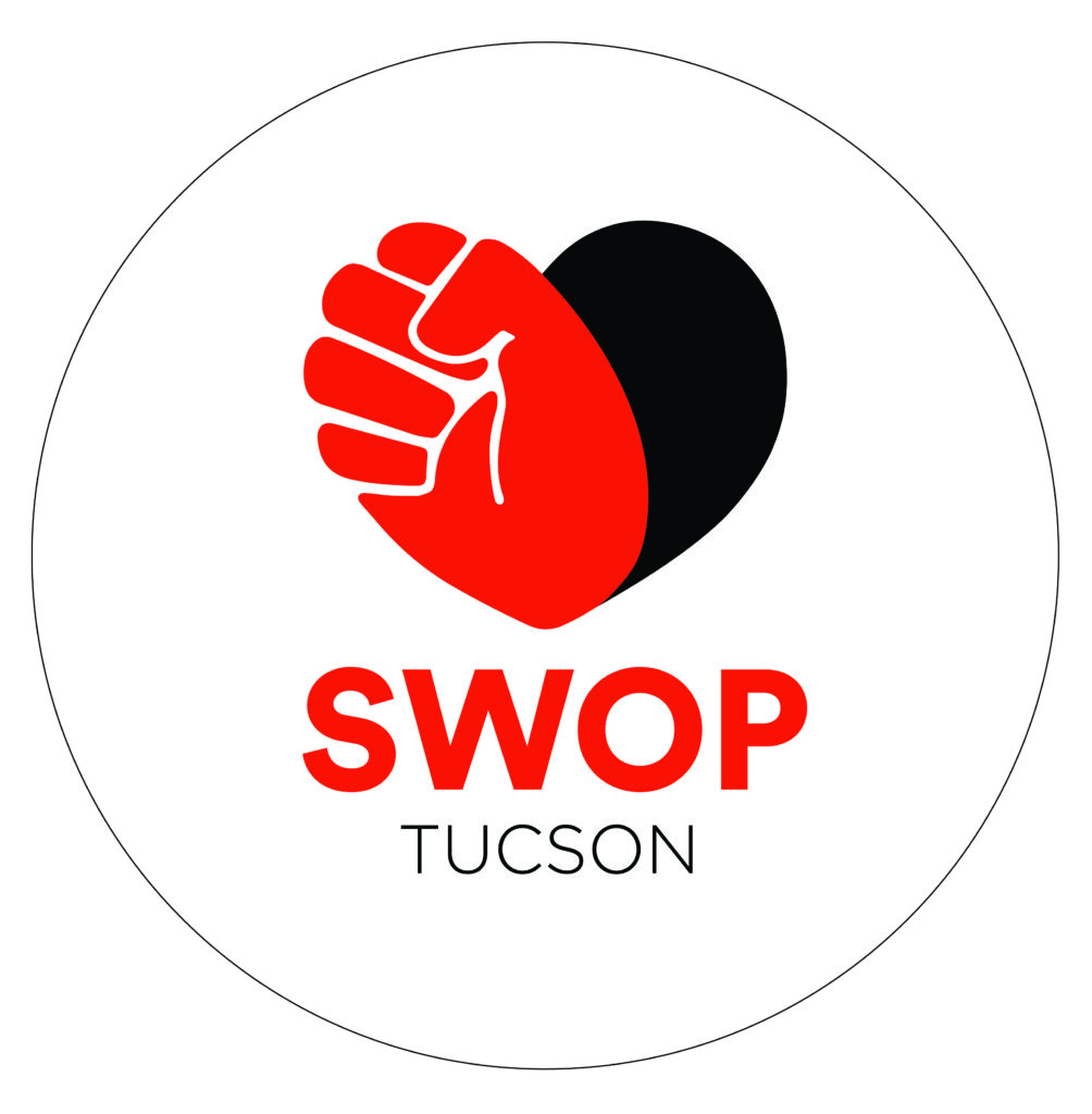 Sex workers outreach project Tuscon organization logo, a heart with a red clenched hand as one of the heart lobes.
